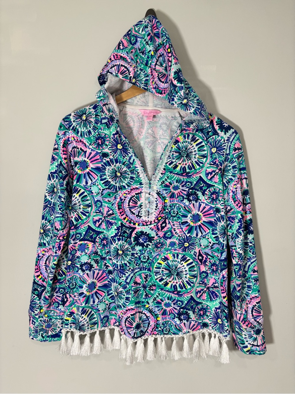 Lilly Pulitzer Harmon Hooded Tassel Pullover - Navy, Aqua, Pink Sz XS